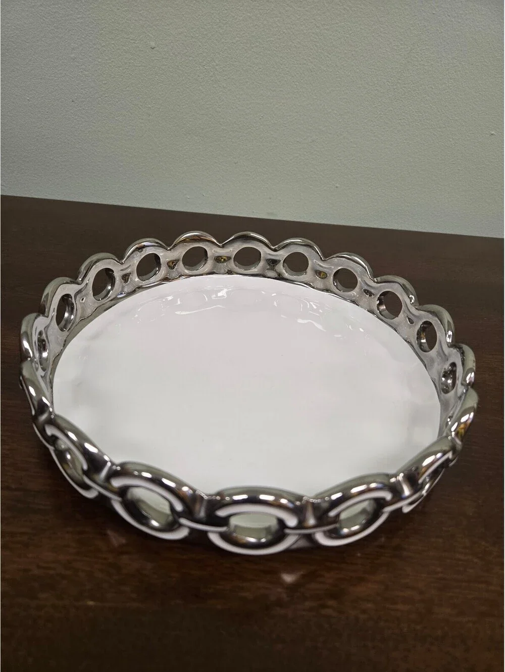 Cookin’ Up White Ceramic Silver Tone Openwork Serving Bowl Centerpiece